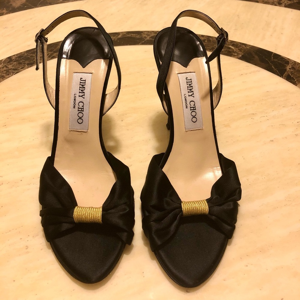 JIMMY CHOO Black Satin Bow Sandals Size: 8.5